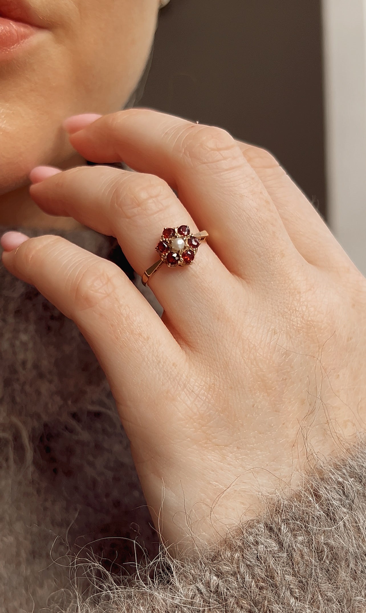 Sweet Vintage 9ct Gold, Cultured Pearl and Garnet Cluster Ring