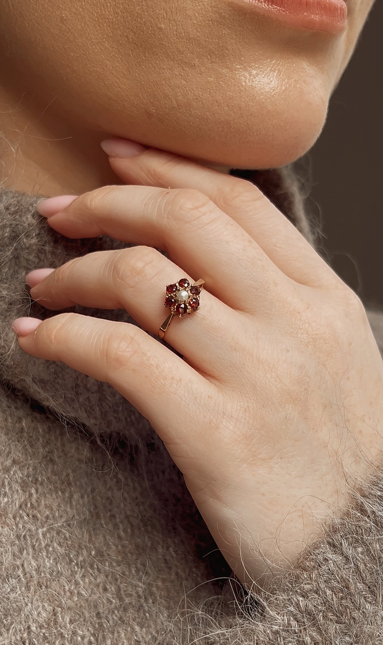 Sweet Vintage 9ct Gold, Cultured Pearl and Garnet Cluster Ring